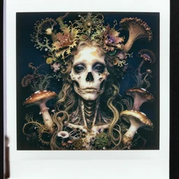 a beautiful detailed front view baroque portrait of a rotten woman corpse with fractal plants and fractal flowers and mushrooms growing around, intricate, ornate, skull, volumetric light, beautiful lit, polaroid photography
