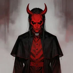 Devil in pastor outfit facing camera head down, symmetrical, spooky, black and red, digital art