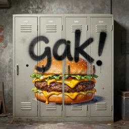 a greasy cheeseburger locker with the word'gak '!! spray painted across the doors. 3 d rendering by beeple, wlop, painting by glenn fabry and richard corben, 8 k, hyperreal, basement