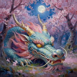 a beautiful painting of the head of a huge sleeping chinese dragon in a cherry blossom forest, volumetric lighting, moonlit by greg rutkowski and kalin popov, trending on artstation, masterpiece,