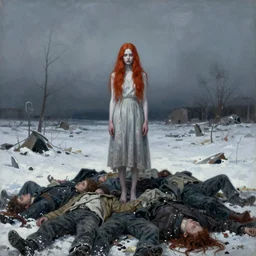 a surreal painting of a lonely woman with pale skin and long red hair standing over a pile of bodies in post - apocalyptic snowy landscape, surrealism, by zdzislaw beksinski, by dariusz zawadzki, by john jude palencar