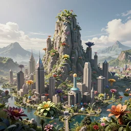 the most beautiful mountain in the world, alien planet, city, buildings, raytracing, unique surreal flora, highly detailed, interesting, artstation, art by stas yurev and alex nice and job menting