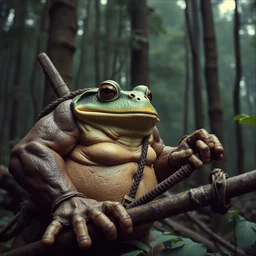macro medium shot, rugged anthropomorphic muscular oversized! frog barbarian hunter in deep forest, kodachrome film still