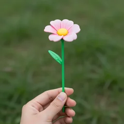 A hand with too many fingers holding a plastic flower with a long stem, award-winning photo, DSLR color
