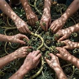 many hands with many fingers growing from fractal vines