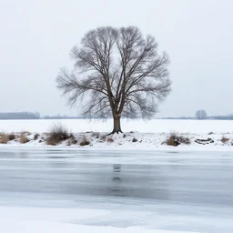 a huge standalone tree, seen from the distance in a snowy landscape, near a frozen river made of crystals. art nouveau rococo in the style of caravaggio. hd 8 x matte background in vibrant vivid textures
