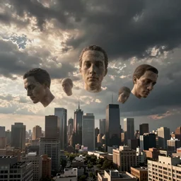 photo of disembodied heads floating in the city sky