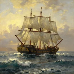 ninth wave, golden hour, pirate sloop. by ivan aivazovsky.