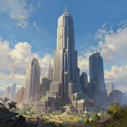 a land scape with a skycraper biopunck architecture painting by sparth artist in elon musk movment trending on artstation ,corona 3d ,400 steps ,  1224x1024
