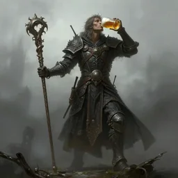 magician with very long staff in left hand drinks beer, beer, glass, beer mug in hand, intricate, triumphantly, foggy background, full body art, dark souls, drawing, concept art, artstation, digital painting