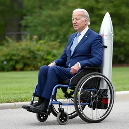 still image of joe biden sitting in a wheelchair that has a rocket booster attached to the back, turbo boosted wheelchair, 8 k photo