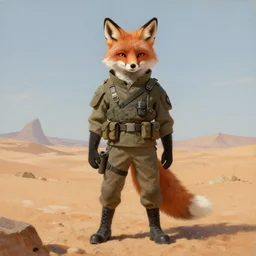 anthropomorphic fox wearing modern military gear in a desert wasteland, character design, painting by gaston bussiere, craig mullins, j. c. leyendecker, tom of finland