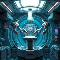 hyperdetailed concept art, futuristic automatic surgical unit, glass chamber, robot arms, meka robotics, cybernetic symbiosis thick bifurcated robotic cnc surgical hybrid mri 3 d printer machine, in cyberpunk biochemical lab, scifi, highly detailed, vibrant, digital painting, artstation, concept art, rtx, by artgerm and alphonse mucha