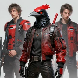 kon - dam red gunpla droid kenku, artistically. anthropomorphic black bird head. techwear bomber, science fiction, portrait by donato giancola and greg rutkowski and wayne barlow. top all time r / imaginarycyberpunk.