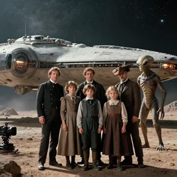 16k film still from a sci fi blockbuster color movie made in 2022, set in 1860, of a family standing in front of a spaceship that has just landed on an alien planet, a humanoid alien creature stands nearby, the family are all wearing 1850s era clothes, cinematic lighting, cinematic camera, extremely good lighting, good photography, winner of seven oscars, 35mm macro lens