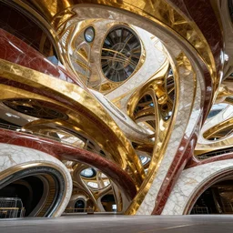 futuristic space station with gold, red and white marble panels, by santiago calatrava, intricate contemporary architecture, photo journalism, photography, cinematic, national geographic photoshoot