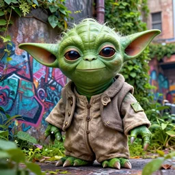yoda terminator, graffiti city covered in vegetation, highly detailed, smooth color composition, digital art masterpiece