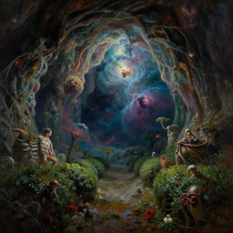 cinematic view of an dimly lit cavern filled with nebula magic, hedges, desaturated, psychedelic, tim hildebrandt, wayne barlowe, bruce pennington, donato giancola, larry elmore, oil on canvas, masterpiece, trending on artstation, featured on pixiv, cinematic composition, dramatic, beautiful lighting, sharp, details, hyper - detailed, hd, hdr, 4 k, 8 k