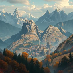 portrait of a mountain valley city, 2 2 nd century village in autumn, utopia, futuristic, skyscrapers, mountains, fantasy, trending on artstation