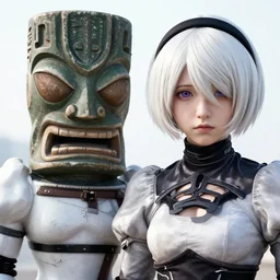 a closeup photorealistic capture of 2 b nier auomata cosplay. tiki theme. bright scene. fine detail. this 4 k hd image is trending on artstation, featured on behance, well - rendered, extra crisp, features intricate detail, epic composition and the style of unreal engine.