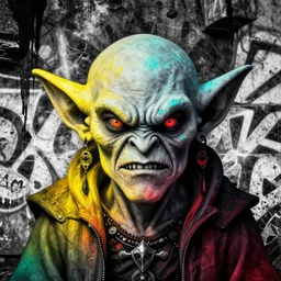 highly detailed closeup portrait of grey goblin king, really epic gradient, by atey ghailan, by greg rutkowski, by greg tocchini, by james gilleard, by joe fenton, by kaethe butcher, gradient yellow turqouise red rainbow, black and white color scheme, grunge aesthetic, graffiti tag wall background