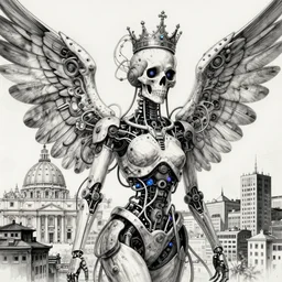 ai biomech, ethereal ultralight i robot skully with crown mechanism, quantum physics, angelic and unsettling, wires, veins, ferrofluid, bismuth, style blend of hideo kojima, shepard fairey, and botticelli, city backdrop is a blend of the vatican, neo - andean architecture and brutalism, 4 k photorealistic, ultra fine inklines