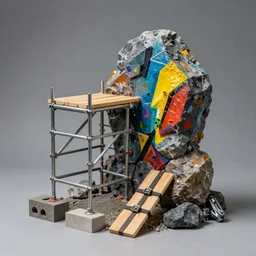 small scaffolding and rock sculpture made with steel and metal, wood planks, rock details joints, cinder blocks, bright construction materials, ratchet straps, photorealistic, studio lighting, product photography, high octane, higly detailed, made with unreal engine, painting by yves tanguy, by nate boyce, sculpted by david smith, by kay sage