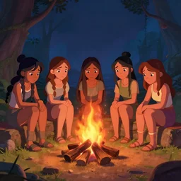 grumpy girls sitting around a campfire, fantasy, concept art, artstation, disney, pixar, dreamworks, anime, tyler edlin, feng zhu, jparked, thomas karpi