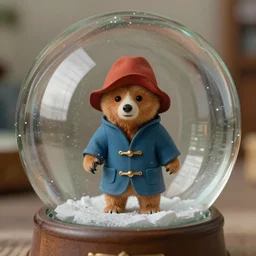 paddington bear trying to escape from the inside of a snow globe