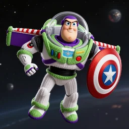 a photorealistic photograph of a knitted Buzz Lightyear as Captain America flying through outer space featuring shield Trending on Artstation, featured on Behance, well-rendered, Unreal Engine, 4K HD