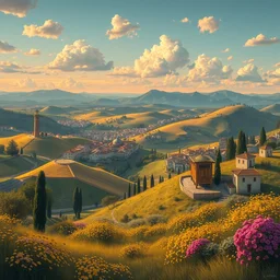 🚜, panorama, style guido borelli, artstation, cinematografic, vivid pastel colors