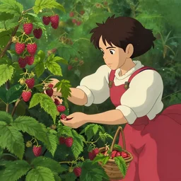 women picking raspberries from the bushes in the garden, studio Ghibli, Pixar and Disney animation, sharp, Rendered Unreal Engine 5, film key art, Greg Rutkowski, Bloom, dramatic lighting