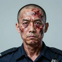 a perfect portrait of a policeman. his skin is contracting rapidly and ripping. leaking pva glue from the fissures in his stressed, agonising skin.