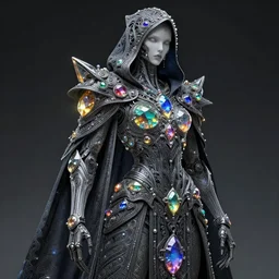 cybernetic crystal assassin, award winning concept render, realistic, intricate linework, beautiful spectrum of colorful gems on dark intricate armor cloak, cyborg, glowing, baroque, hooded, ornate!!!, futuristic, detailed, moody, magical, wlop, chebokha, rutkowski, artgerm, shinkai