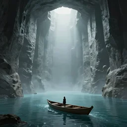 underground city : : focal point only one woman in one boat alone : : by craig mullins : : floating on the river styx : : frank miller : : enormous monolithic carved pillars : : surrounded by zombies skeletons laying below, style by simon bisley, ismail inceoglu, wadim kashin, filip hodas, benedick bana, and andrew atroshenko