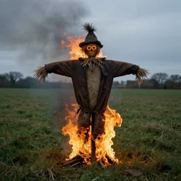 a scarecrow is in flames. a field in england. scary