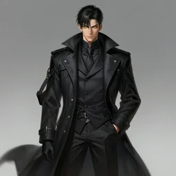 a highly detailed illustration of young attractive japanese guy wearing black detective coat, yellow eyes, dramatic standing pose, intricate, elegant, highly detailed, centered, digital painting, artstation, concept art, smooth, sharp focus, league of legends concept art, wlop.