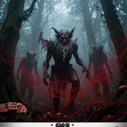 elder demons from the abyss in a misty forest, red webs and fungus, trail camera