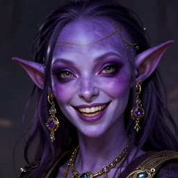 purple skin, Tiefling Pirate, laughing, beautiful detailed eyes, cute, fantasy, intricate, elegant, highly detailed, digital painting, 4k, HDR, concept art, detailed jewelry, smooth, sharp focus, illustration, by Wayn Reynolds