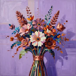 a beautiful glitched abstract geometric painting by robert proch and robert heindel of a bouquet of flowers, color bleeding, pixel sorting, copper oxide and rust materials, brushstrokes by jeremy mann, cold top lighting, pastel purple background