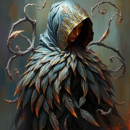 a beautifull intricate paintings of a metal feathered cloak surrounded by tendrils, vivid colors, artstation, by jeremy mann, by alphonse mucha,