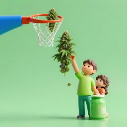 kids dunks with green purple flowers of marijuana hemp cannabis, behance hd by jesper ejsing, by rhads, makoto shinkai and lois van baarle, ilya kuvshinov, rossdraws global illumination, golden ratio, symmetrical beauty face