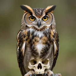 photorealistic portrait of a great horned owl on a skull