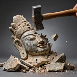 studio photography of a wooden hammer smashing into a smashed ancient idol statue getting hammered into pieces, cracked, destroyed, dramatic lighting