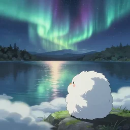 northern lights reflected on a lake in anime and manga style mofumofu, fluffy Full of Light, Animated Film, Cinematography, Atmosphere, Highly Detailed Heavenly Dramatic Lighting, Highly Realistic Cinematic Lighting, Volumetric Lighting, Photography, Anime Style, Cinema, Epic High Dynamic Lighting, HDR