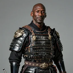portrait of michael jordon in black samurai armoury, by jan van eyck