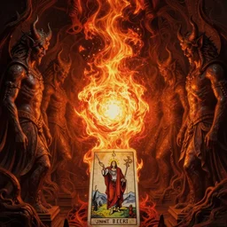 scorn, highly intricate matte painting centered painting of an infernal fire vortex, guarded by parallel demon servant statues, complex, tarot card, powerful, cinematic, beautifully lit, by john howe, zdizslaw beksinski, felix englund, karol bak, james jean, trending on cgsociety, octane render, 8 k