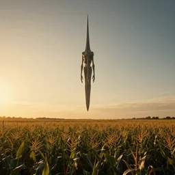 wide shot of a tall and thin alien structure hovering in the air 6 feet above a cornfield, late afternoon, golden hour, dramatic lighting, cinematic, highly detailed, smooth, sharp focus, concept art by greg rutkowski and stanley lau and syd mead