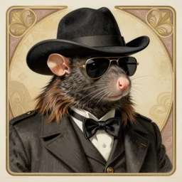 realistic detailed Art Nouveau lithograph portrait of an anthropomorphic gangster rat wearing sunglasses and a mafia-style hat, long fur