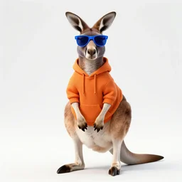 A portrait photo of a kangaroo kangaroo kangaroo  wearing an orange hoodie and blue blue blue sunglasses standing on the grass in front of the Sydney Opera House holding a sign on the chest that says Welcome Friends, subject: kangaroo, subject detail: wearing orange hoodie, wearing blue sunglasses, subject location: sydney opera house, subject action: holding sign